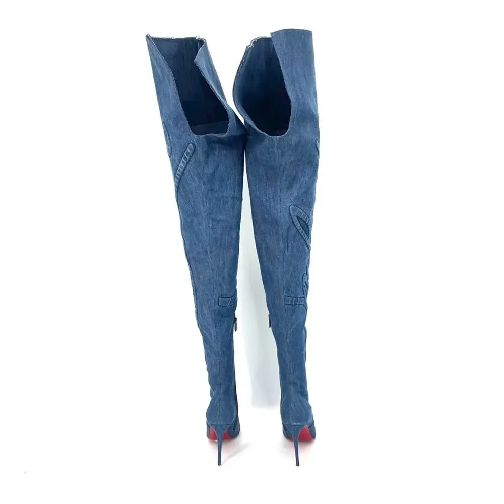 Christian Louboutin Kate Botta Alta 100 Loubi Jeans Thigh High Boots 36.5